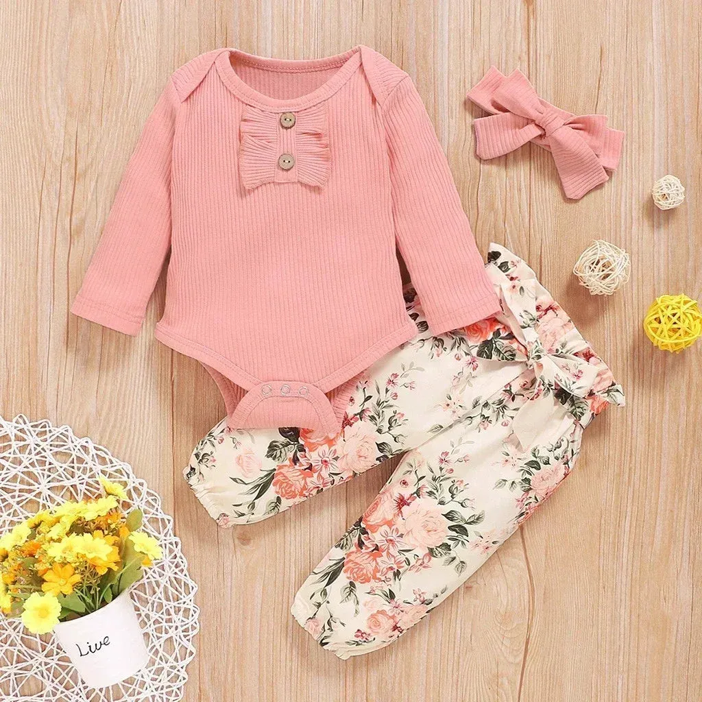 Newborn Girl 3PCS Set Ribbed Bodysuit