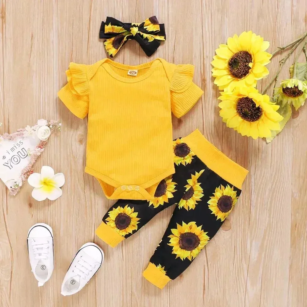 Newborn Girl 3PCS Set Ribbed Bodysuit