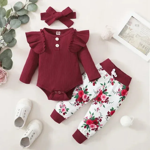Newborn Girl 3PCS Set Ribbed Bodysuit