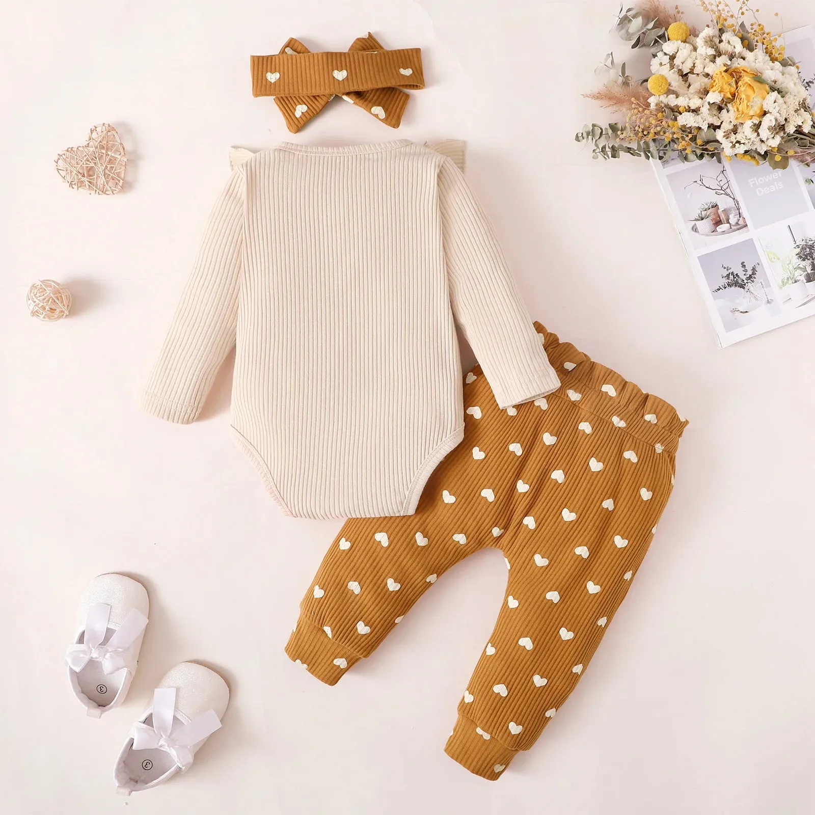 Newborn Girl 3PCS Set Ribbed Bodysuit