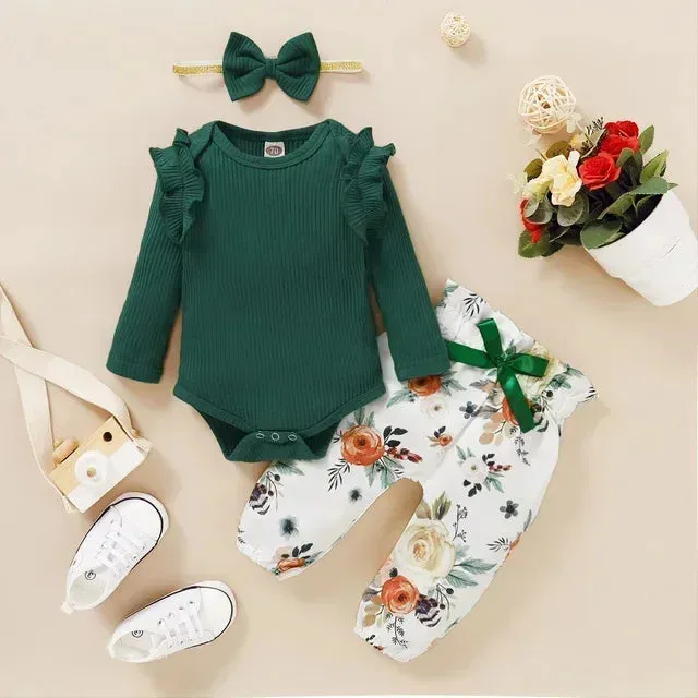 Newborn Girl 3PCS Set Ribbed Bodysuit