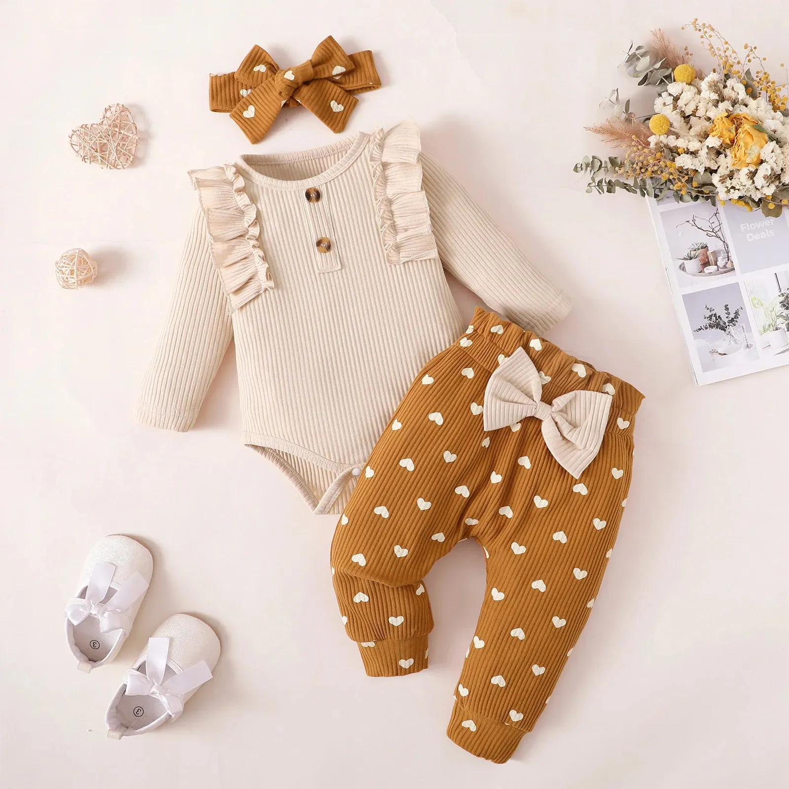 Newborn Girl 3PCS Set Ribbed Bodysuit