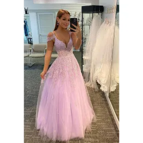 Plunging V-neck Tulle Appliques Long Prom Dress