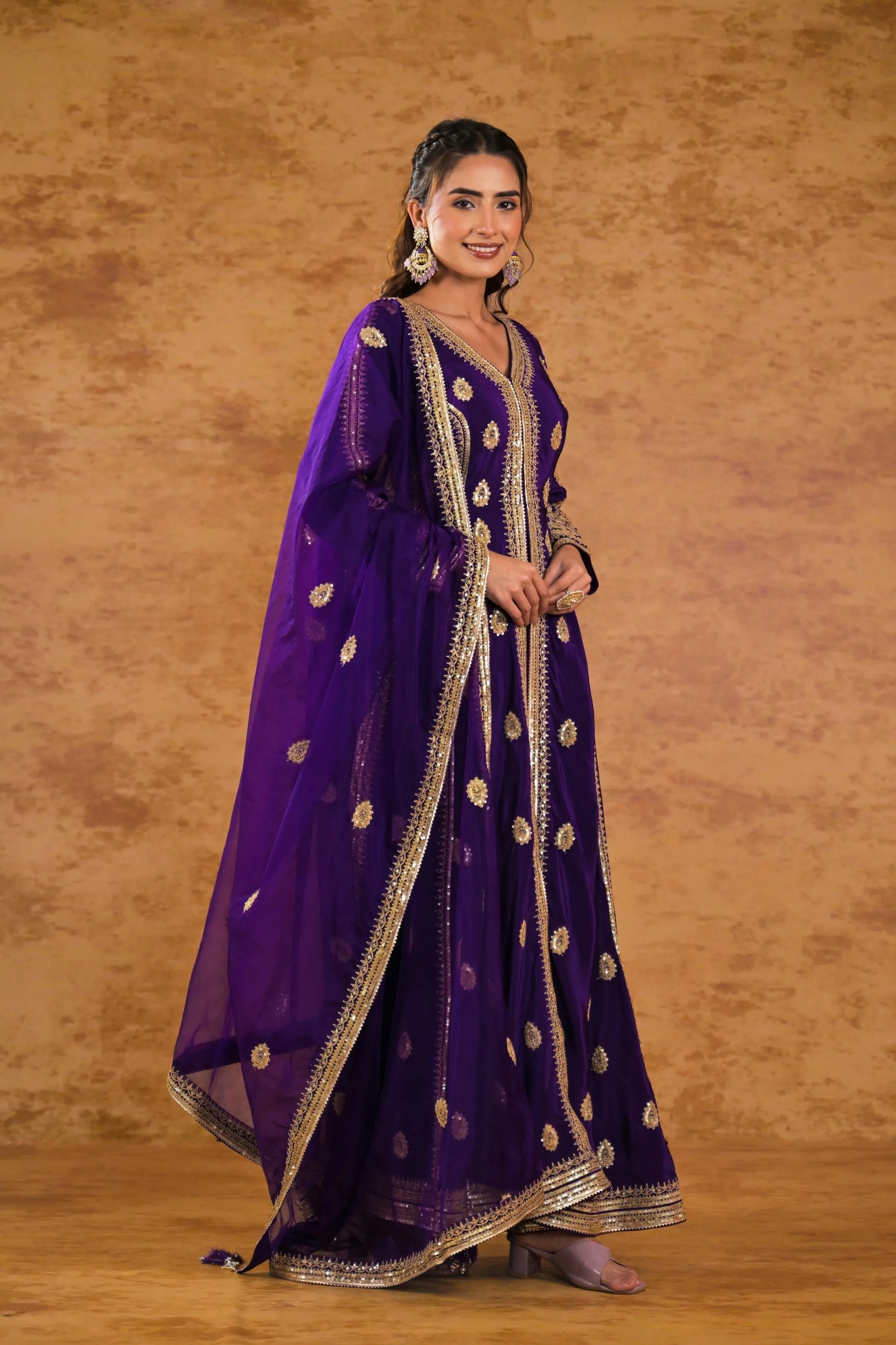 Purple Embellished Pure Silk Anarkali Set