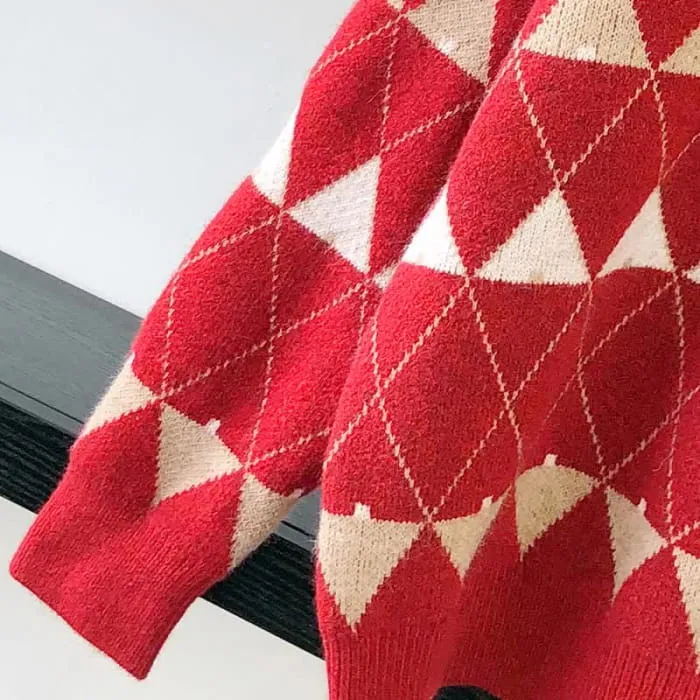 Red Rhombus Plaid Sweatshirt Slip Dress Set
