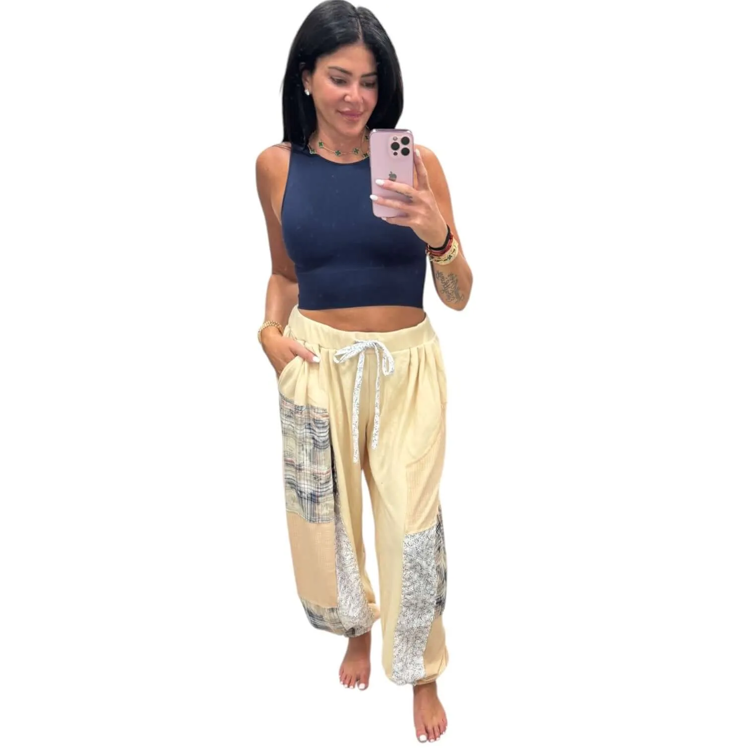 Relaxed Mixed Fabric Jogger Pants - Almond
