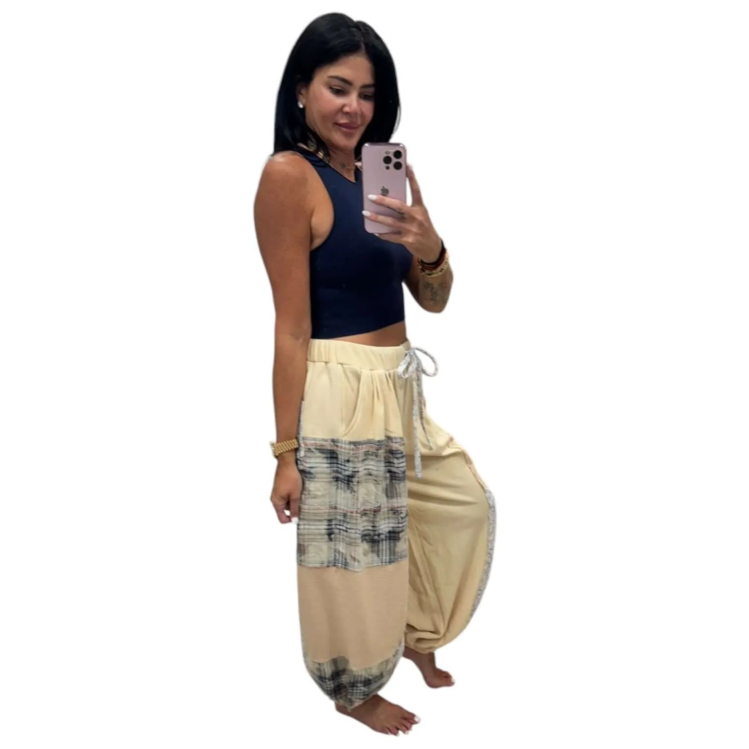 Relaxed Mixed Fabric Jogger Pants - Almond