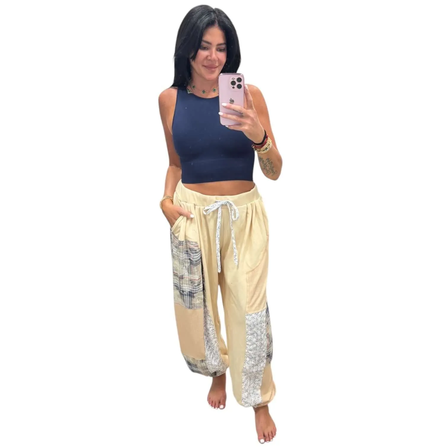Relaxed Mixed Fabric Jogger Pants - Almond
