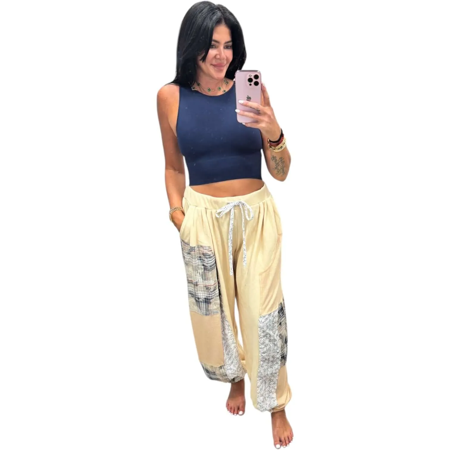 Relaxed Mixed Fabric Jogger Pants - Almond