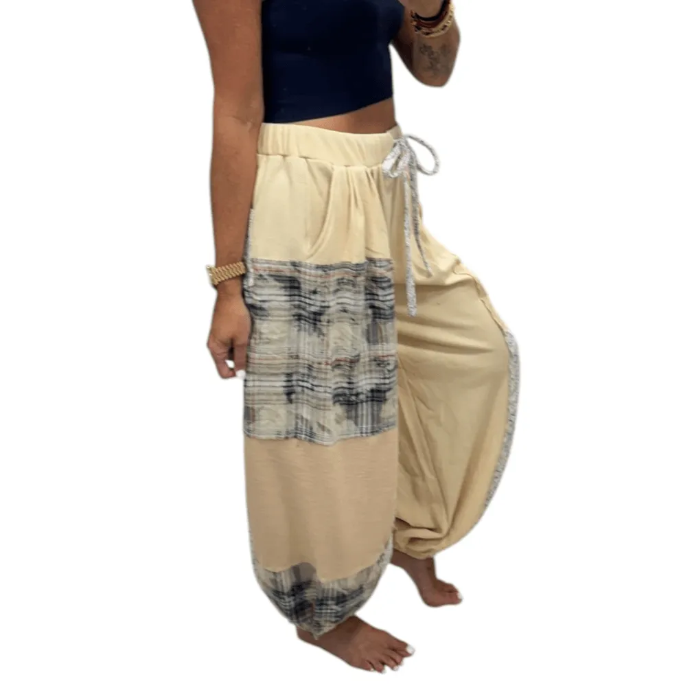 Relaxed Mixed Fabric Jogger Pants - Almond