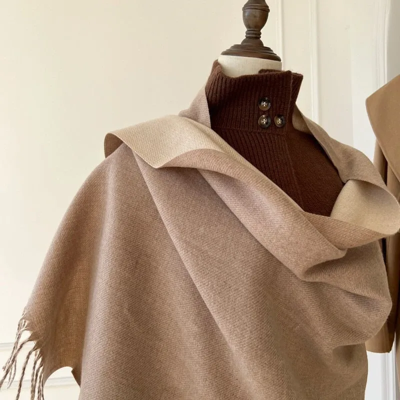 Reversible Double-faced Big Poncho Australian Wool Feel Scarf