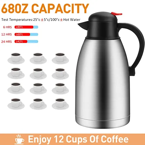 Rommeka 68oz Stainless Steel Thermal Coffee Carafe, Double Walled Vacuum Insulated Flask for Coffee, Water and Tea - Keeping Hot 12 Hour /Cold 24 Hour
