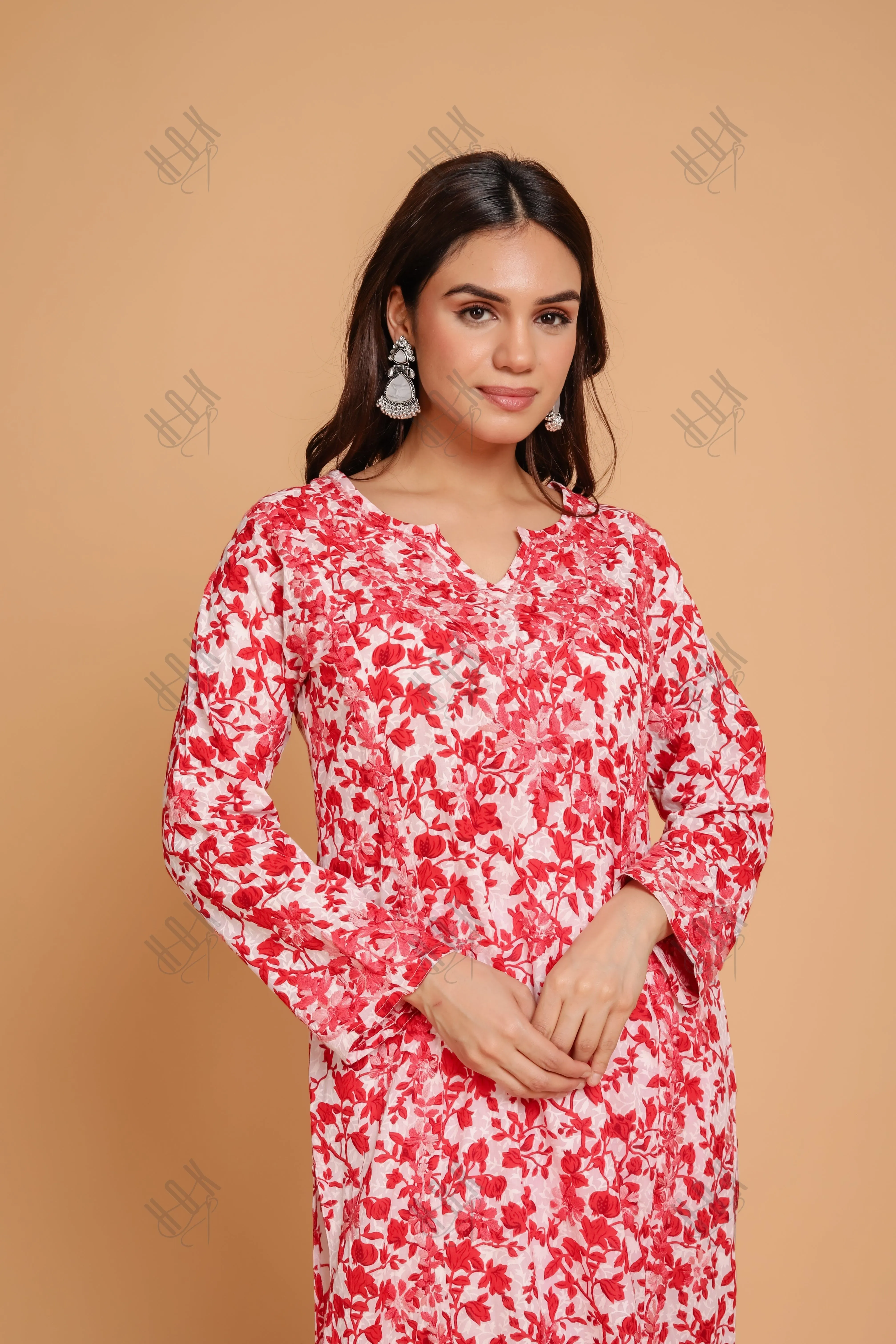 Saba Chikankari Kurta in Mul cotton in Red Print