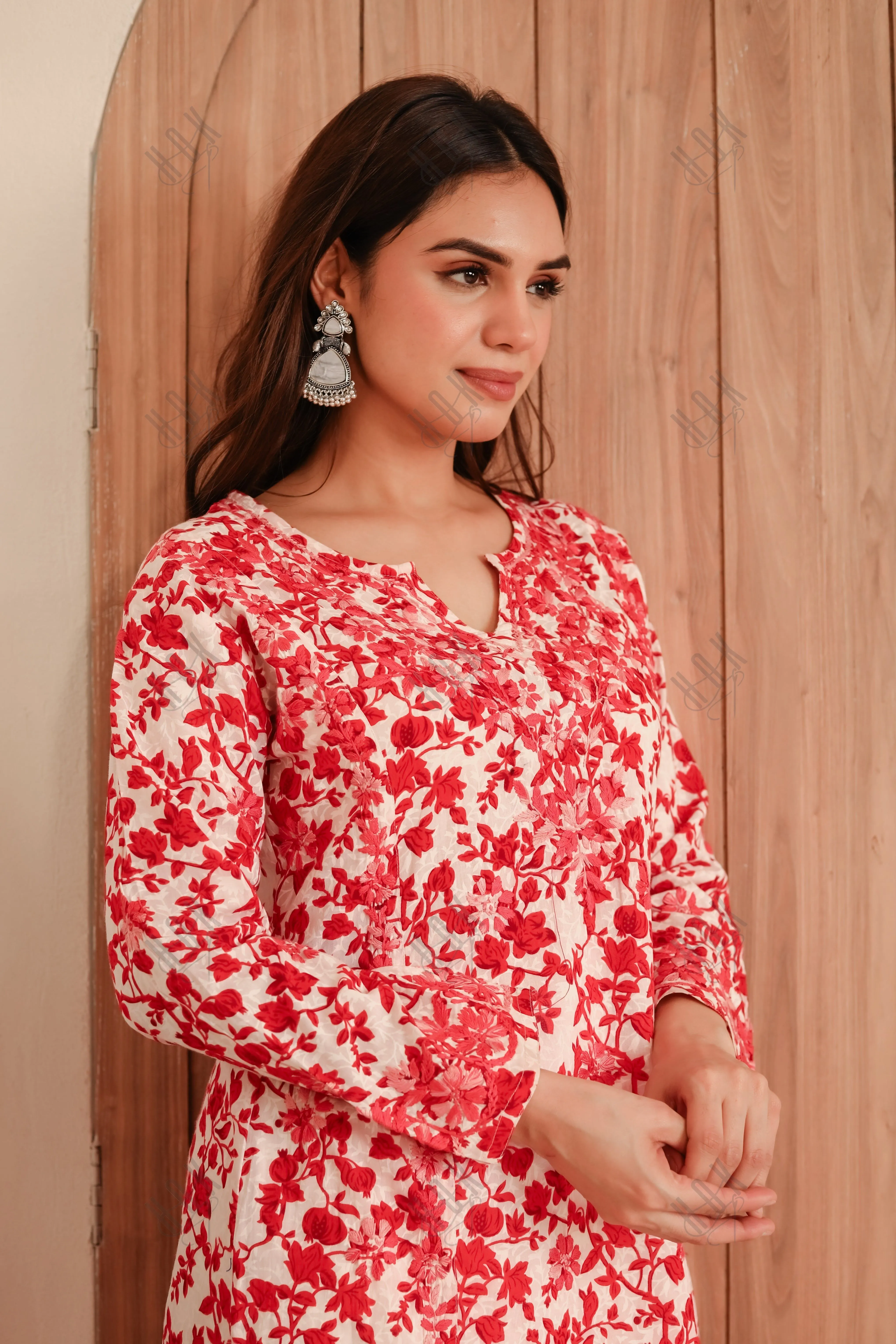 Saba Chikankari Kurta in Mul cotton in Red Print