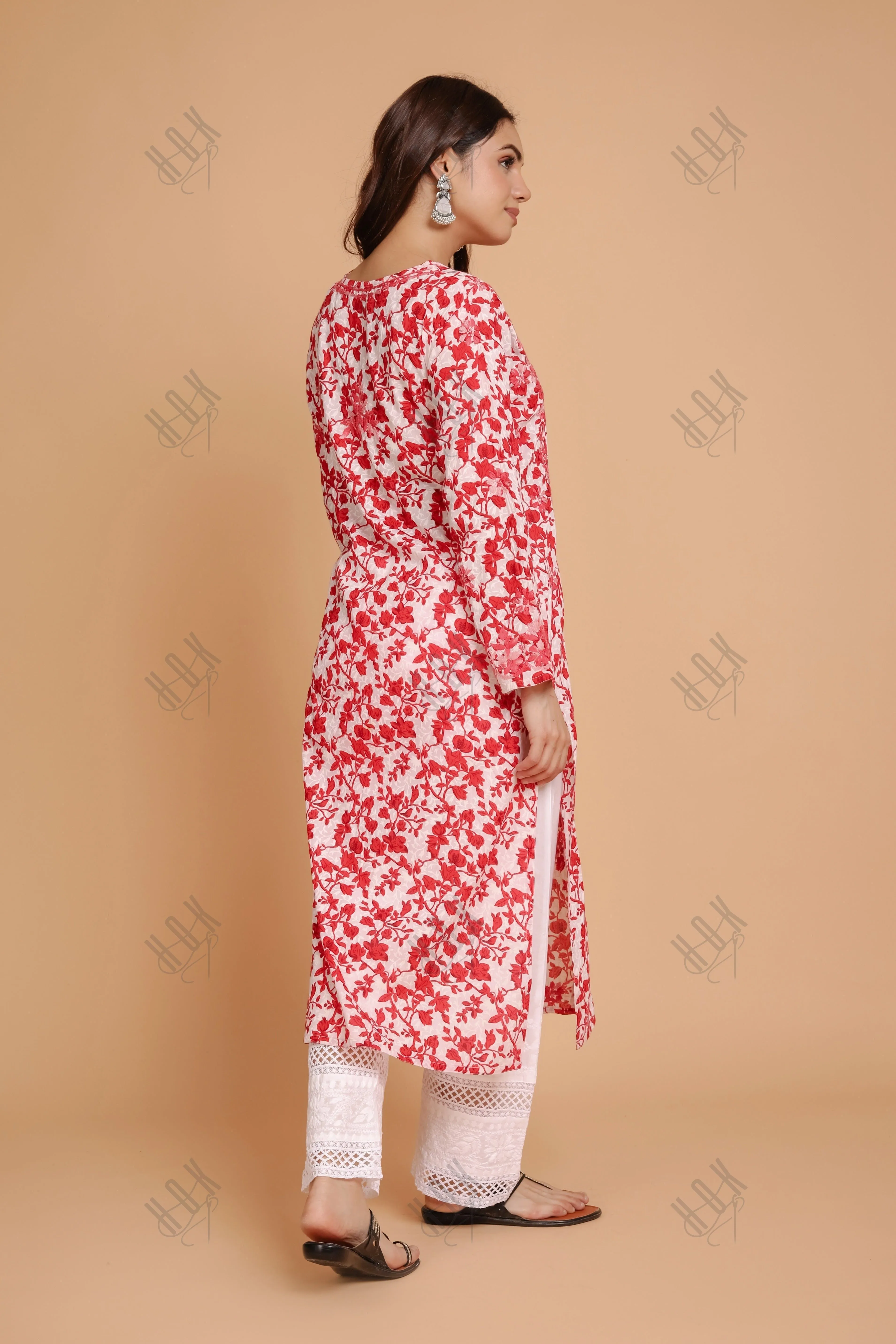 Saba Chikankari Kurta in Mul cotton in Red Print