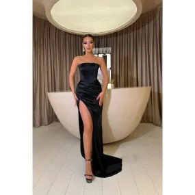 Sheath Strapless Side Slit Black Long Prom Formal Dress