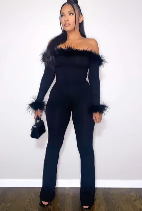 SHEENA - FEATHER TRIM PANT BODYSUIT