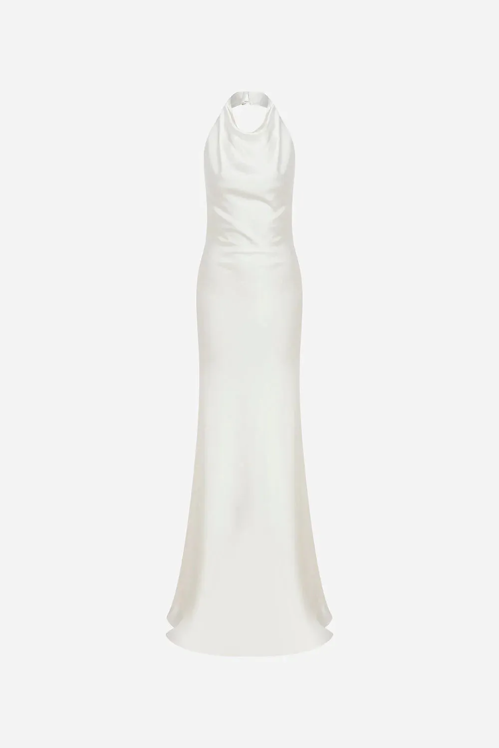 Sidney - Crowl Neck Bias Cut Satin Maxi Dress With Tuxedo Belt - White