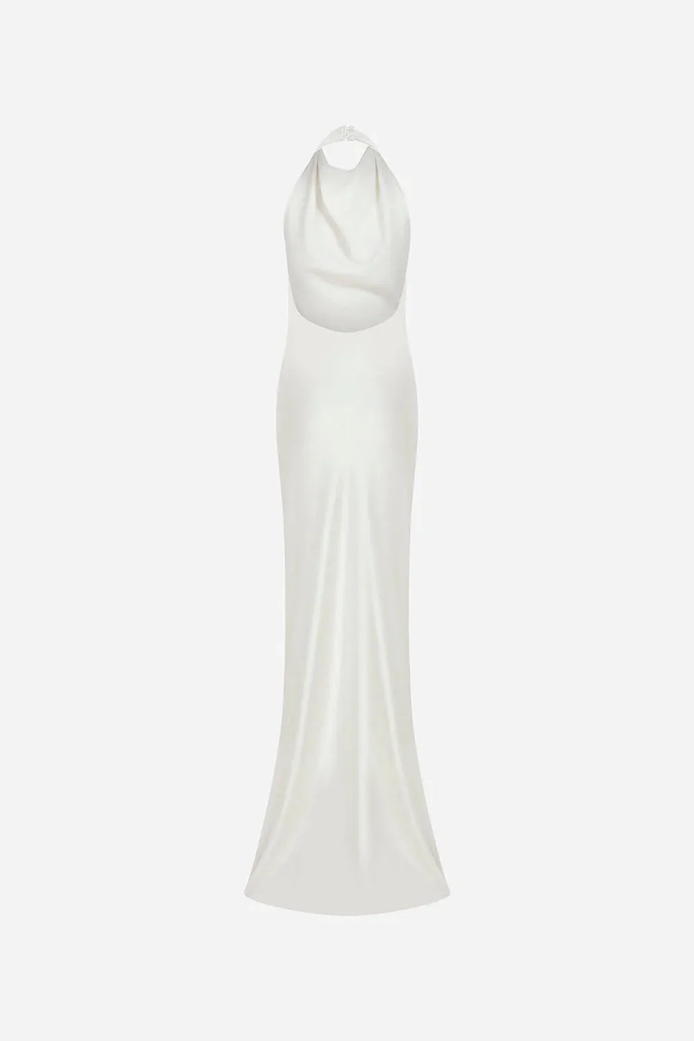 Sidney - Crowl Neck Bias Cut Satin Maxi Dress With Tuxedo Belt - White
