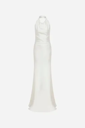 Sidney - Crowl Neck Bias Cut Satin Maxi Dress With Tuxedo Belt - White