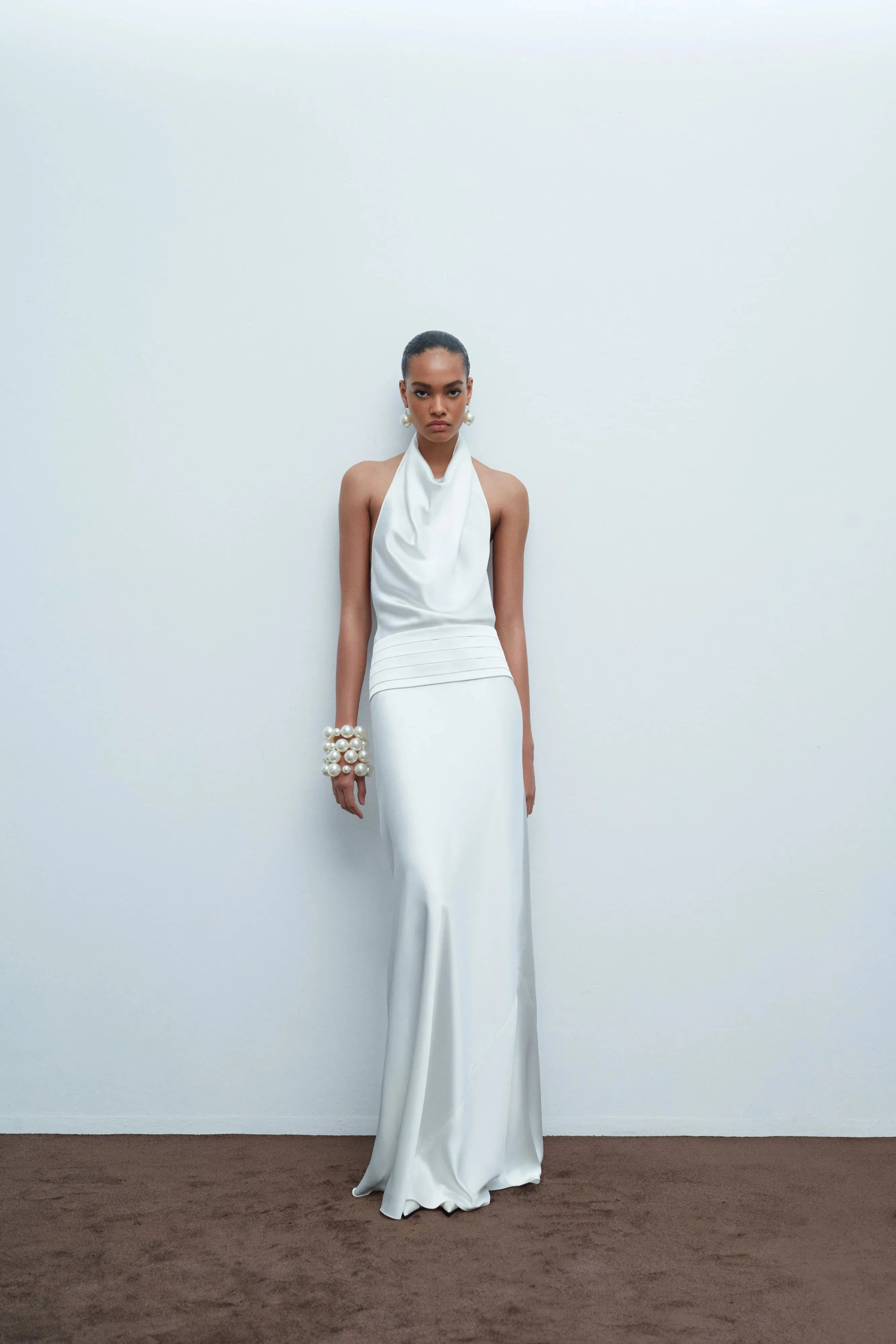 Sidney - Crowl Neck Bias Cut Satin Maxi Dress With Tuxedo Belt - White