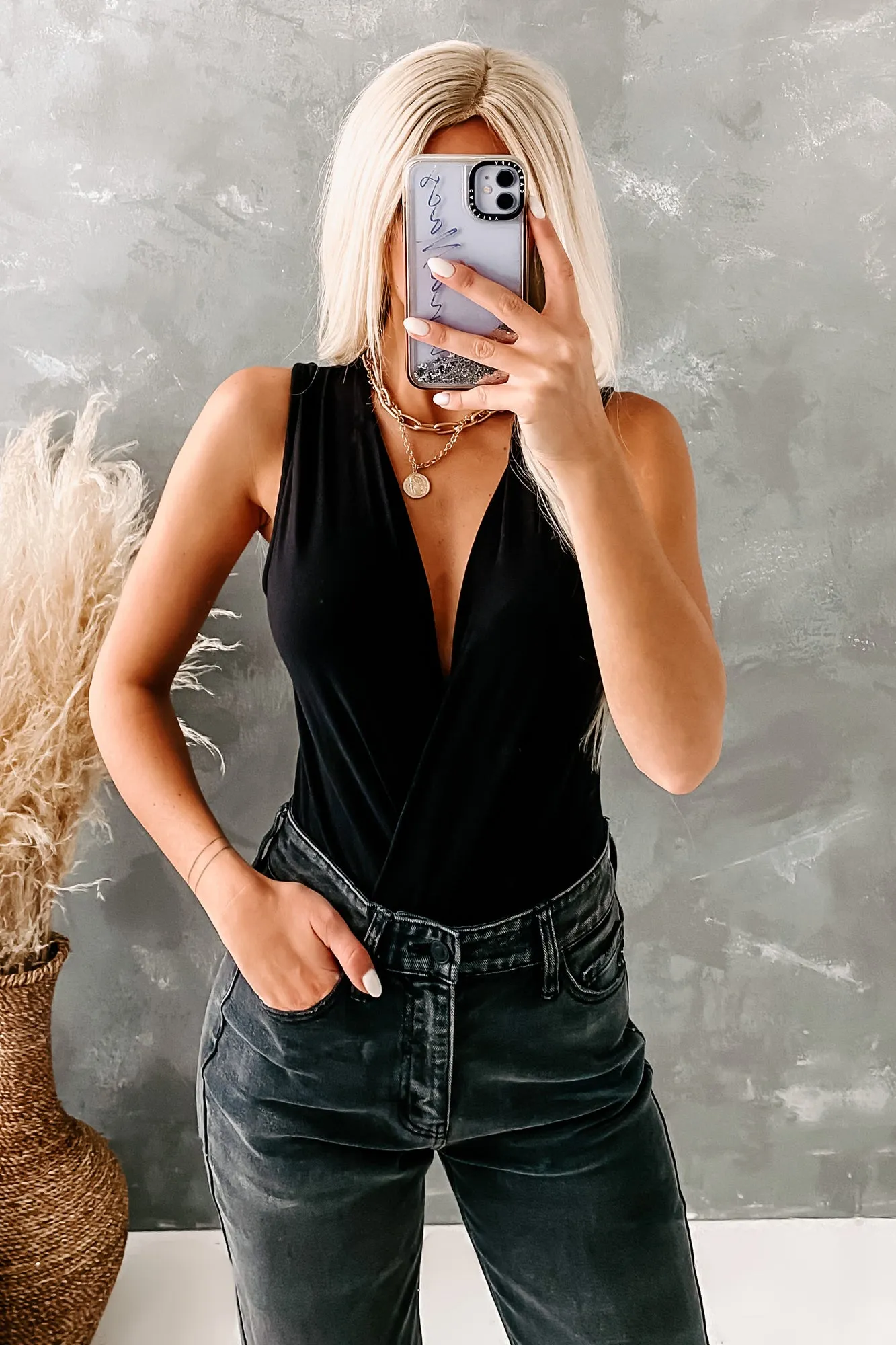Slightly Surpliced Sleeveless Surplice Bodysuit (Black)