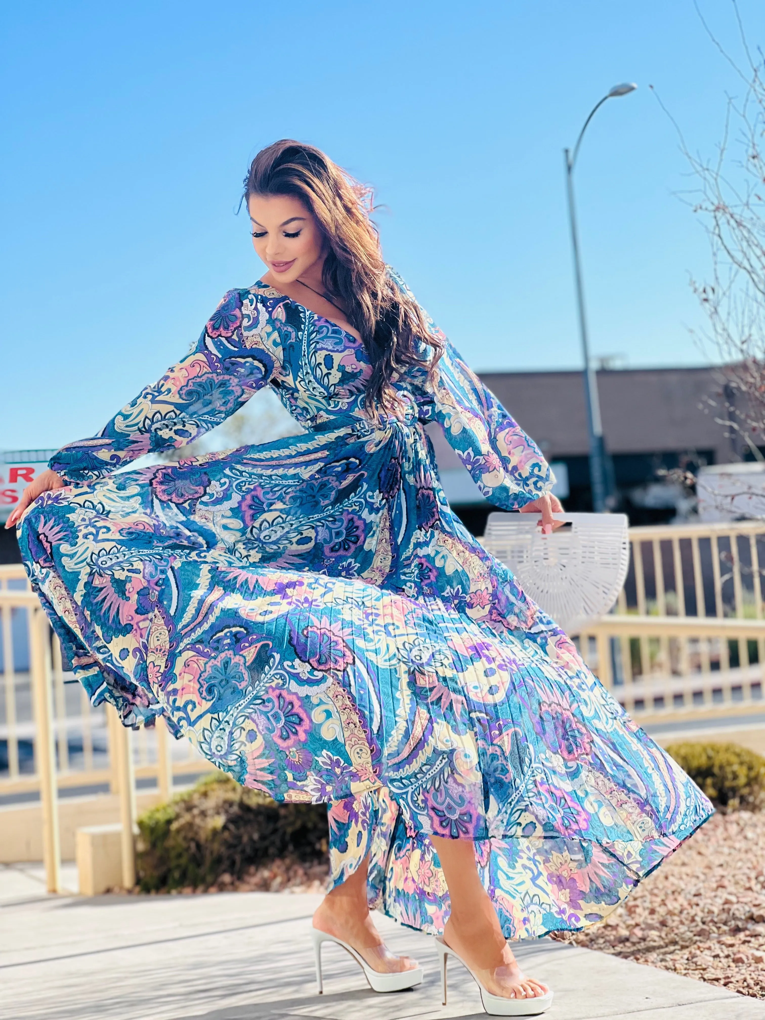 SPRING FEELS Floral Maxi Long Dress Purple Teal
