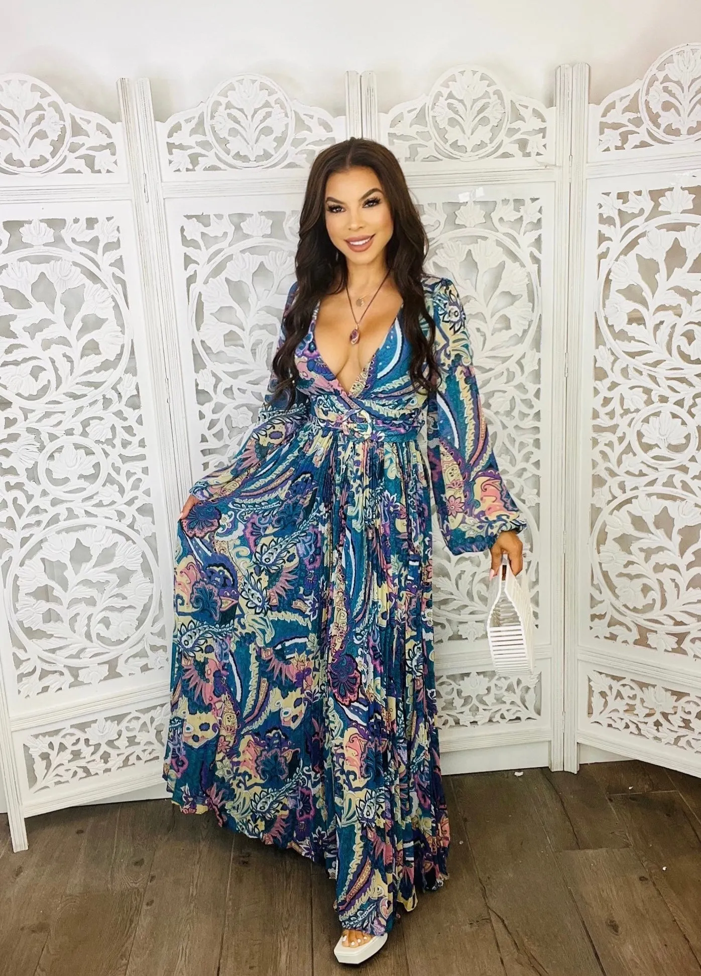 SPRING FEELS Floral Maxi Long Dress Purple Teal
