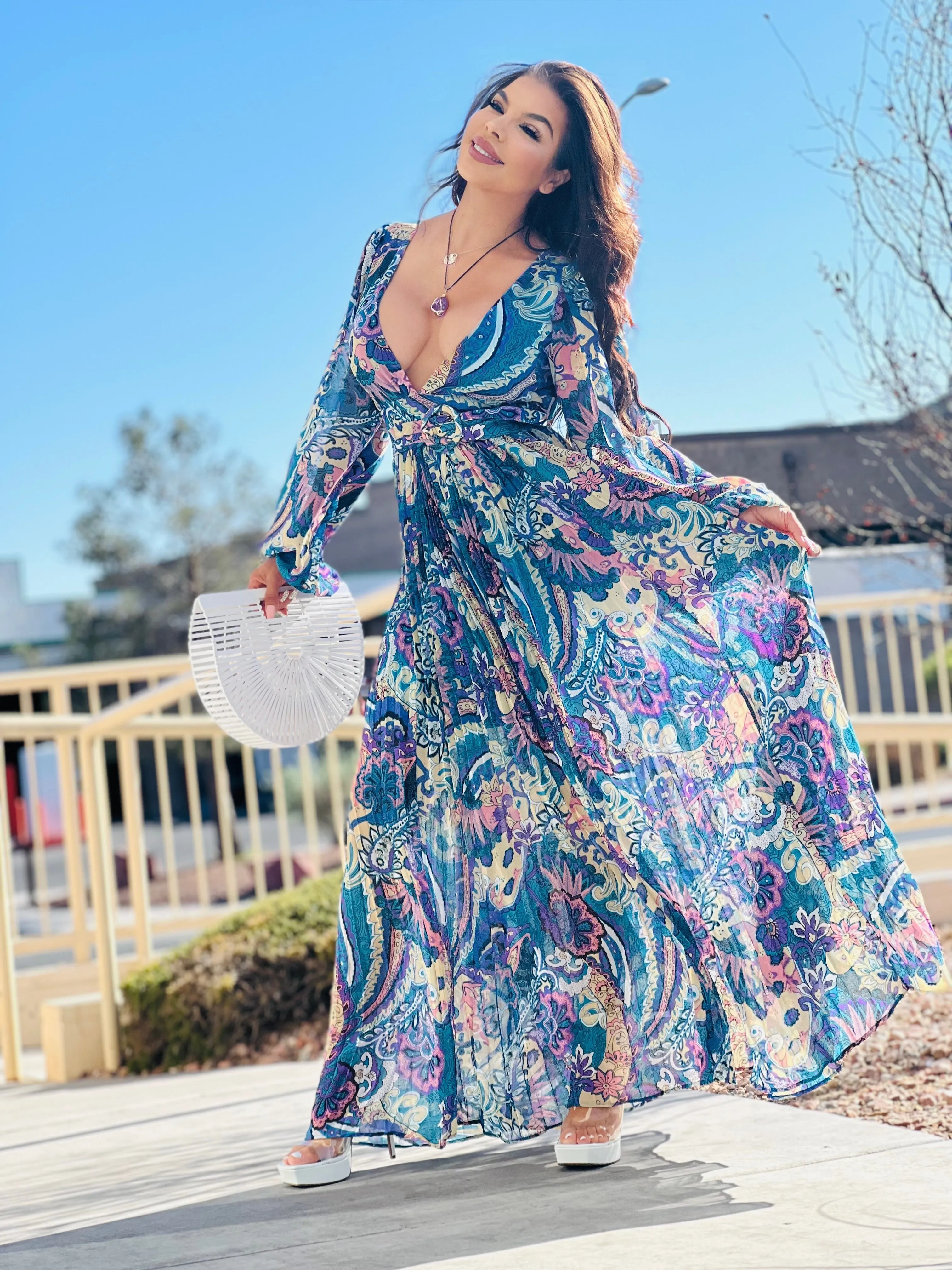 SPRING FEELS Floral Maxi Long Dress Purple Teal
