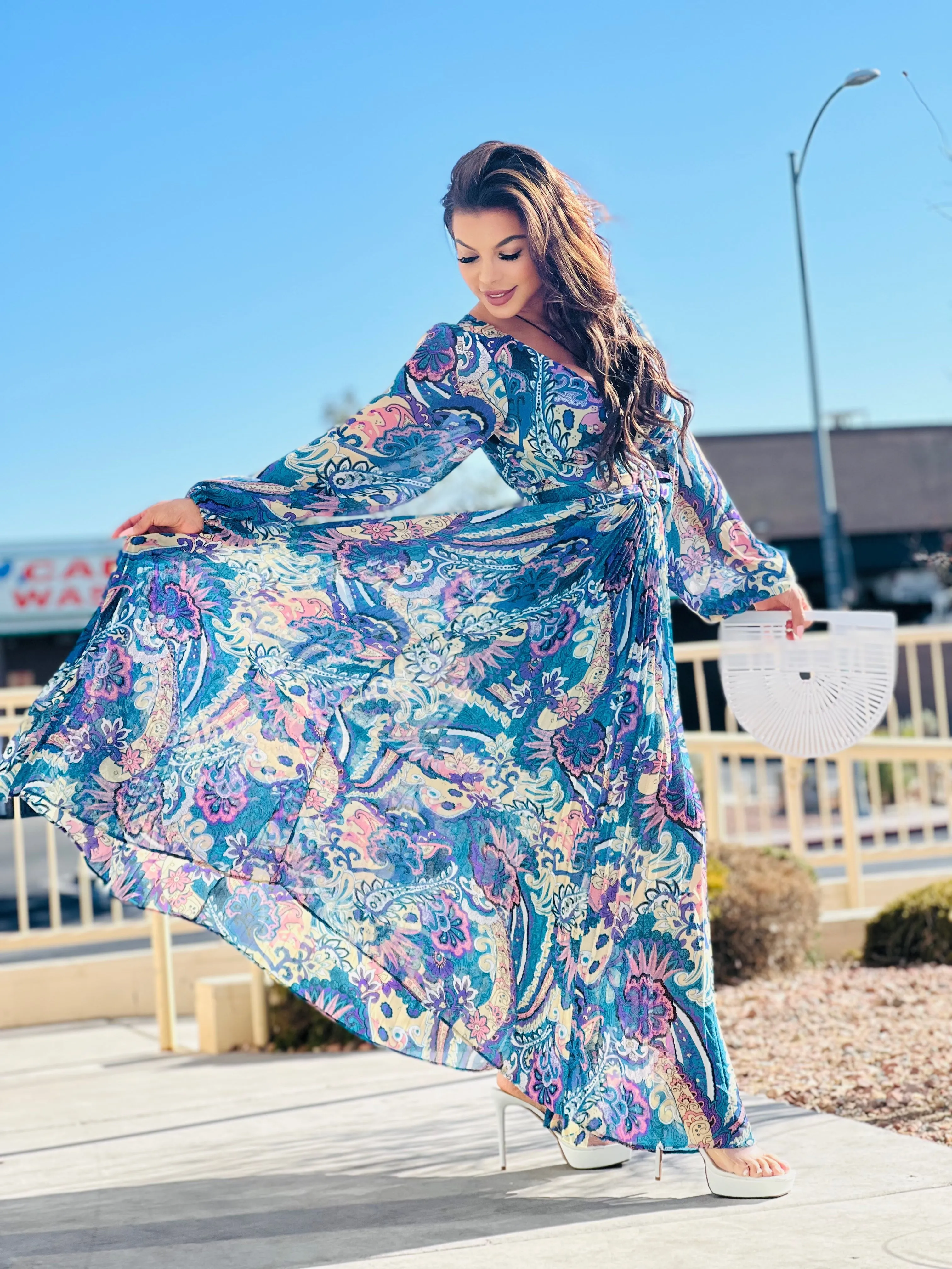 SPRING FEELS Floral Maxi Long Dress Purple Teal