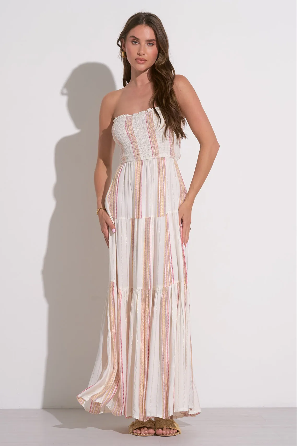 Taylor Strapless Smocked Maxi Dress in White/Pink Stripe