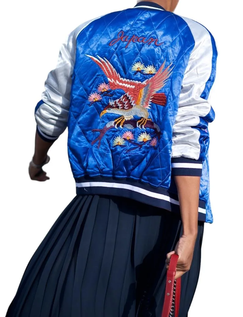 TOPSHOP Bomber Jacket | Sz 12, Reversible, Black/Blue, Embroidered, Quilted