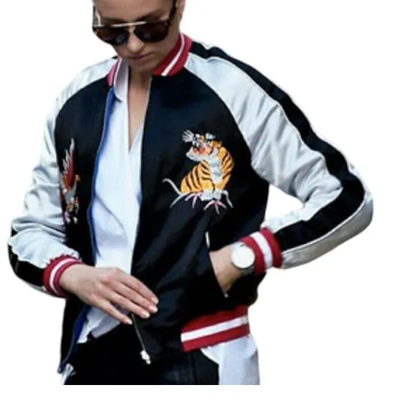 TOPSHOP Bomber Jacket | Sz 12, Reversible, Black/Blue, Embroidered, Quilted