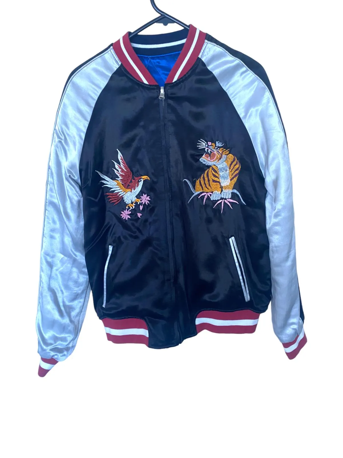 TOPSHOP Bomber Jacket | Sz 12, Reversible, Black/Blue, Embroidered, Quilted