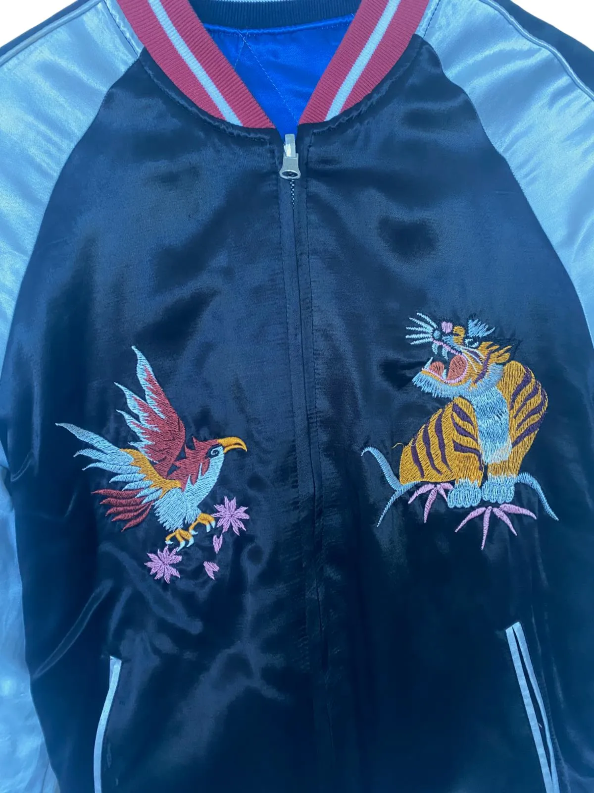 TOPSHOP Bomber Jacket | Sz 12, Reversible, Black/Blue, Embroidered, Quilted
