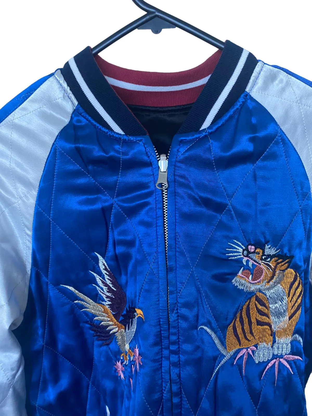 TOPSHOP Bomber Jacket | Sz 12, Reversible, Black/Blue, Embroidered, Quilted