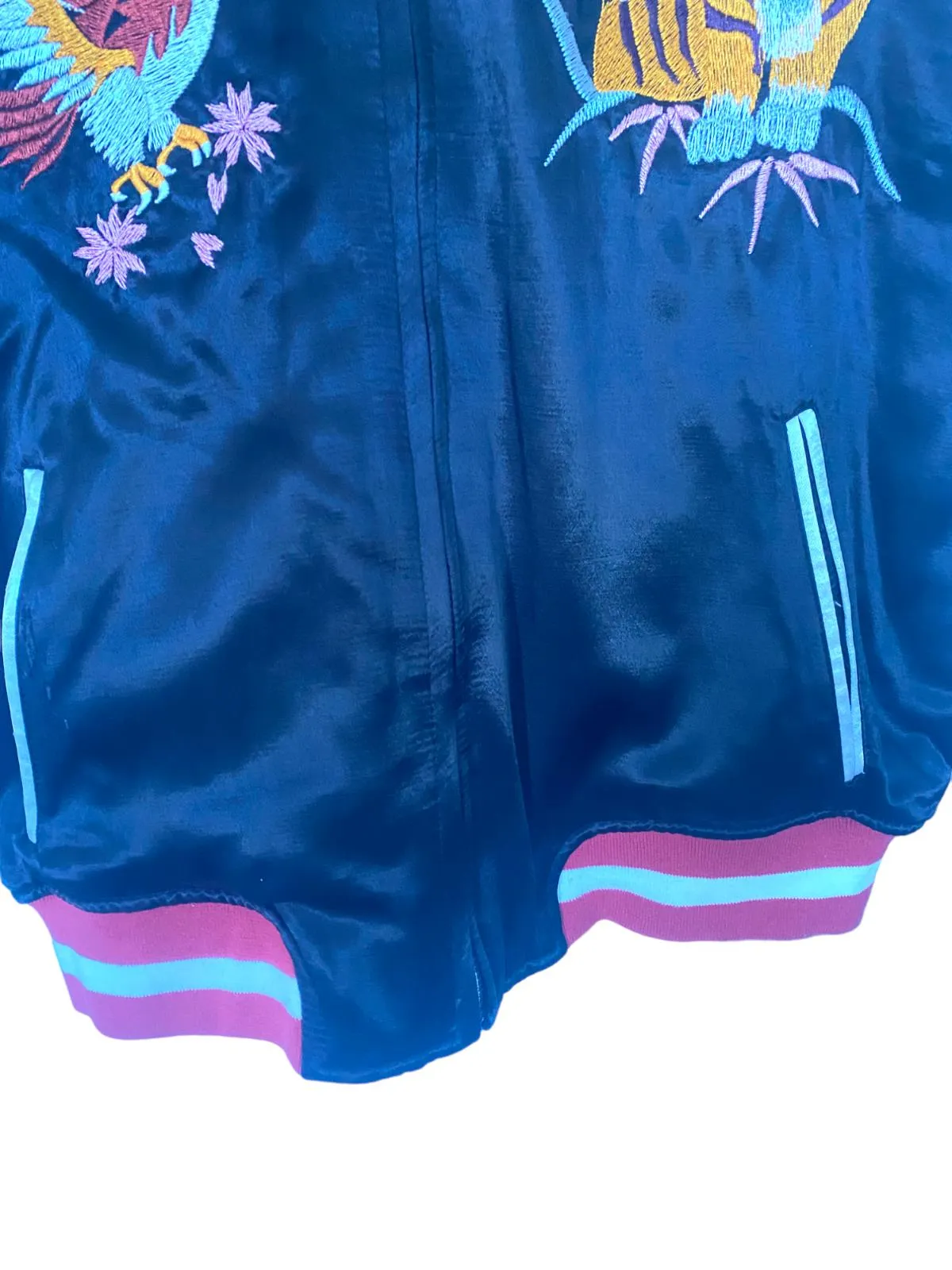 TOPSHOP Bomber Jacket | Sz 12, Reversible, Black/Blue, Embroidered, Quilted