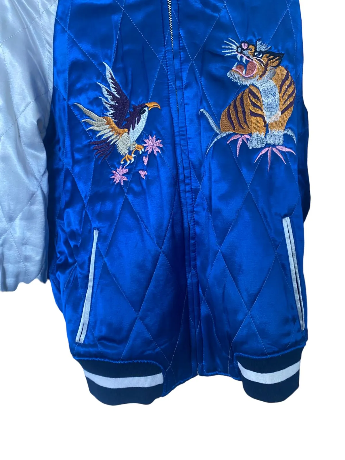TOPSHOP Bomber Jacket | Sz 12, Reversible, Black/Blue, Embroidered, Quilted