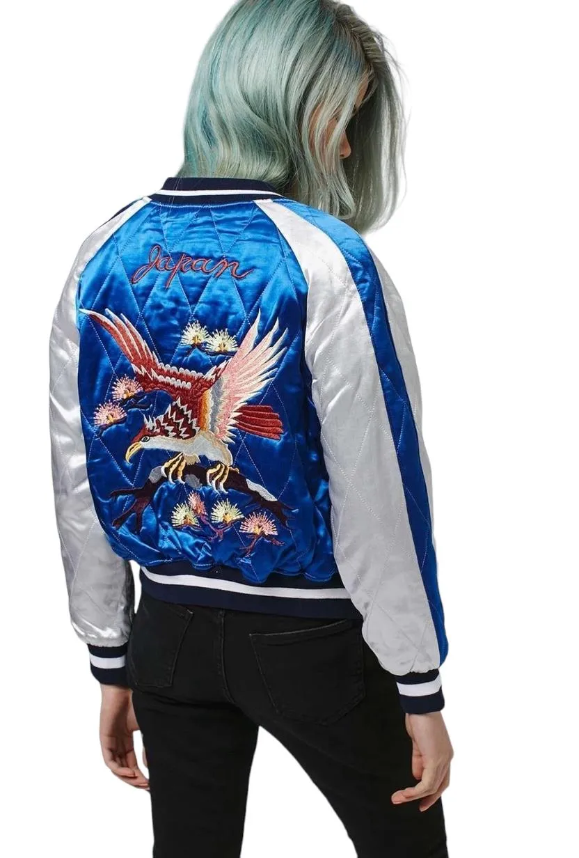 TOPSHOP Bomber Jacket | Sz 12, Reversible, Black/Blue, Embroidered, Quilted