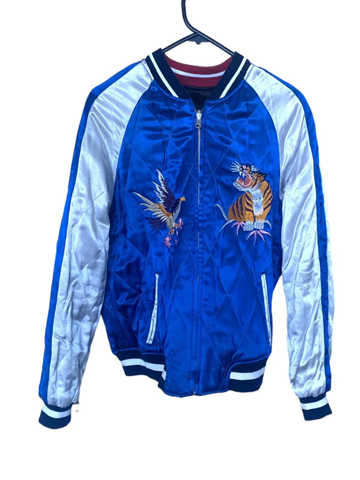 TOPSHOP Bomber Jacket | Sz 12, Reversible, Black/Blue, Embroidered, Quilted