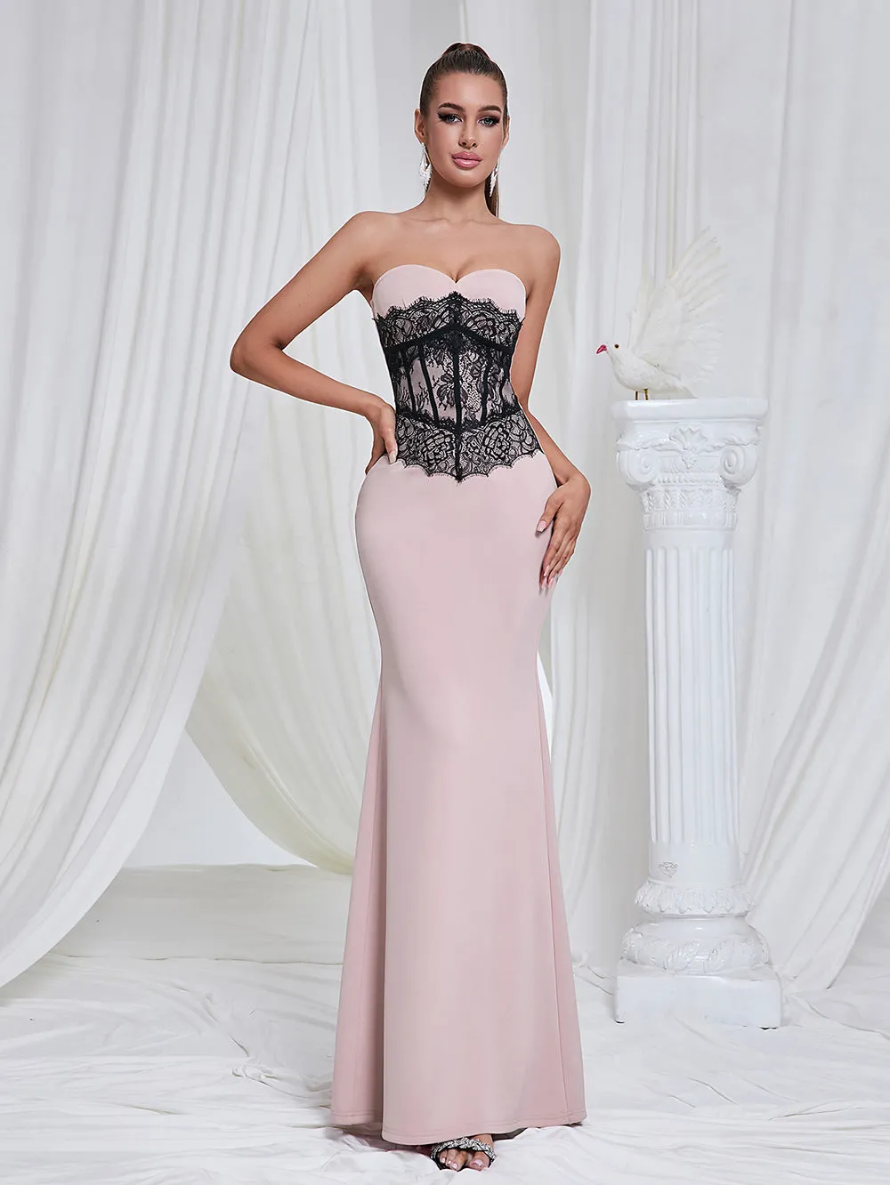 Tube Top Lace Contrast Color Slim Fit Patchwork Formal Dress