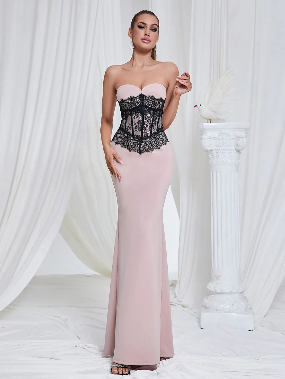 Tube Top Lace Contrast Color Slim Fit Patchwork Formal Dress