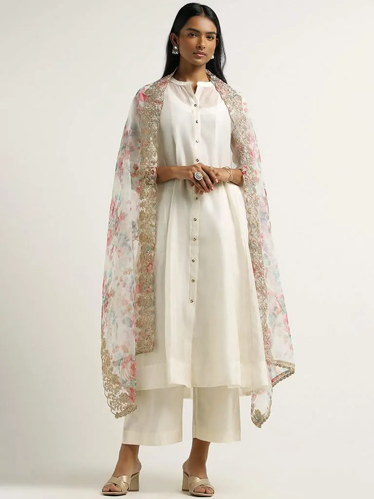 Vark White Kurta, Inner, Pants and Embroidered Cotton Blend Dupatta Set