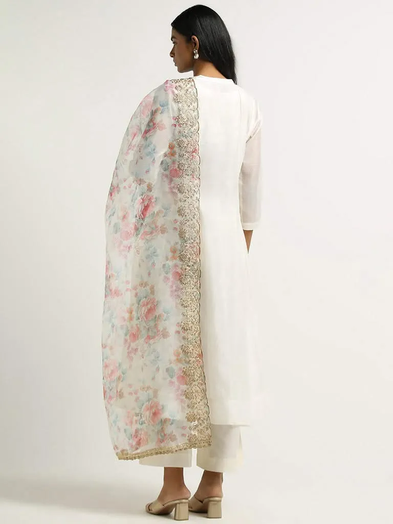 Vark White Kurta, Inner, Pants and Embroidered Cotton Blend Dupatta Set