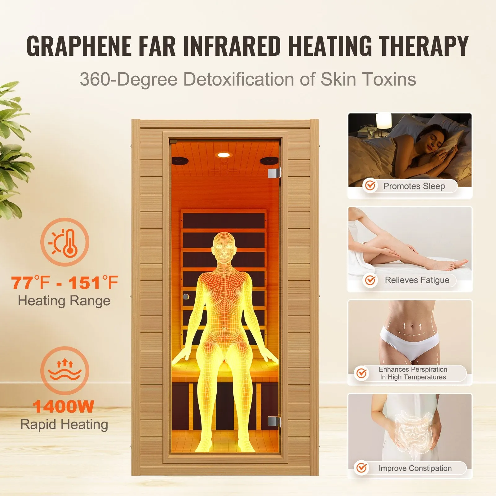 Vevor Wooden Sauna Far Infrared Home Spa for 1-2 Person 1400W New