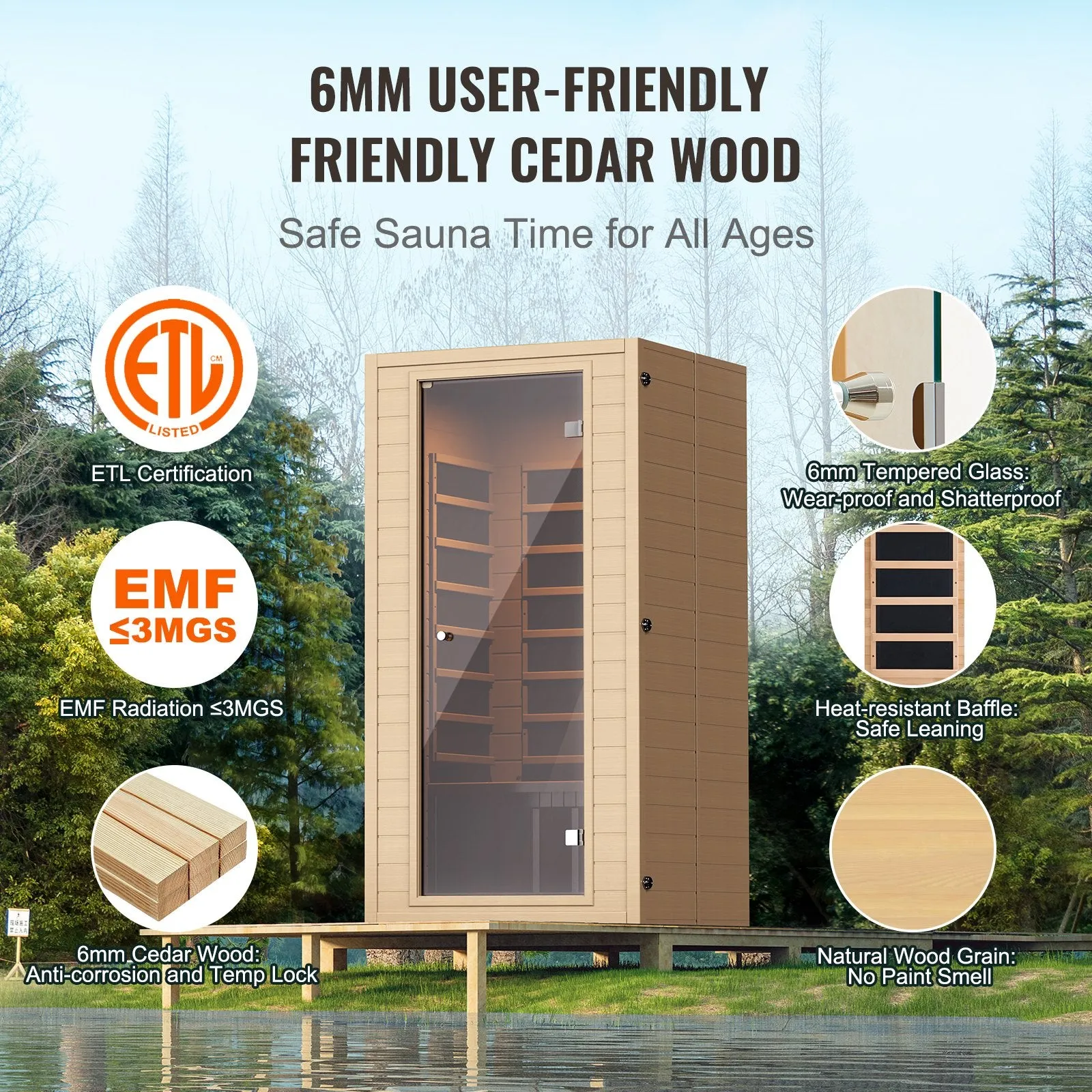 Vevor Wooden Sauna Far Infrared Home Spa for 1-2 Person 1400W New