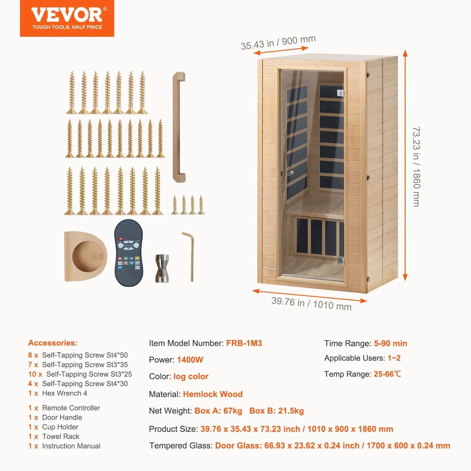 Vevor Wooden Sauna Far Infrared Home Spa for 1-2 Person 1400W New