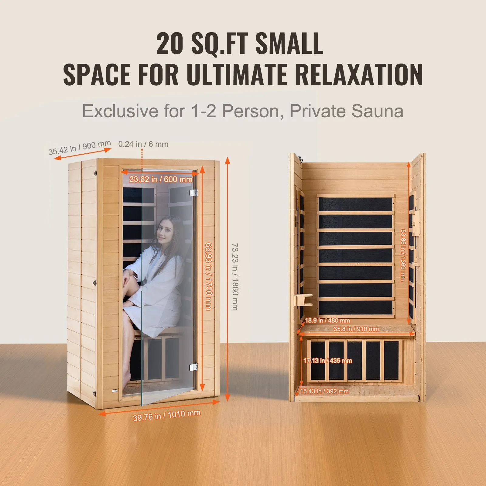 Vevor Wooden Sauna Far Infrared Home Spa for 1-2 Person 1400W New