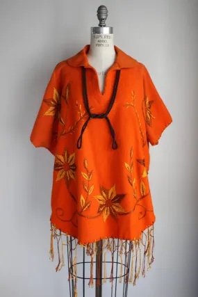 Vintage 1960s Orange Felted Wool Embroidered Poncho
