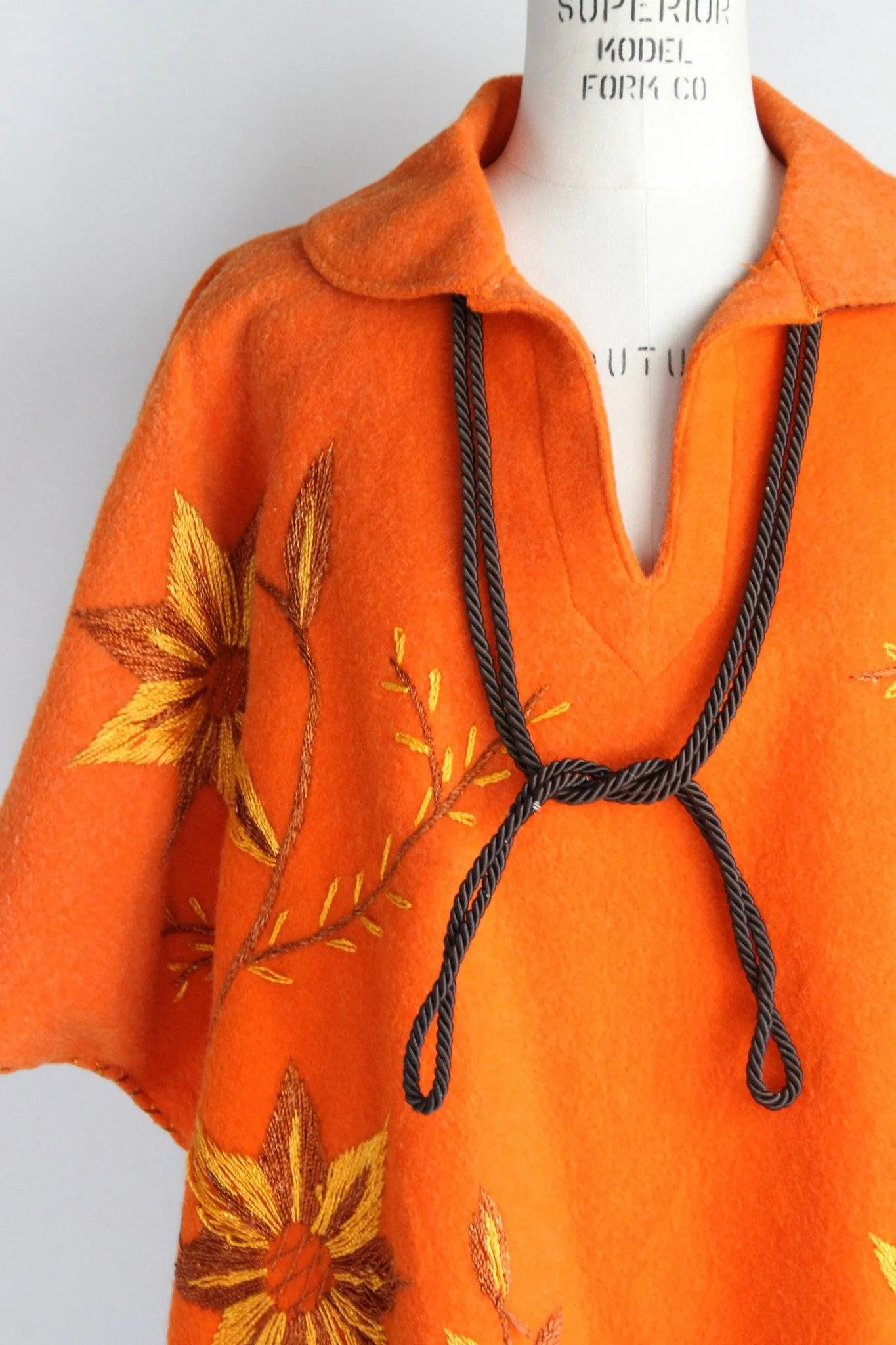 Vintage 1960s Orange Felted Wool Embroidered Poncho